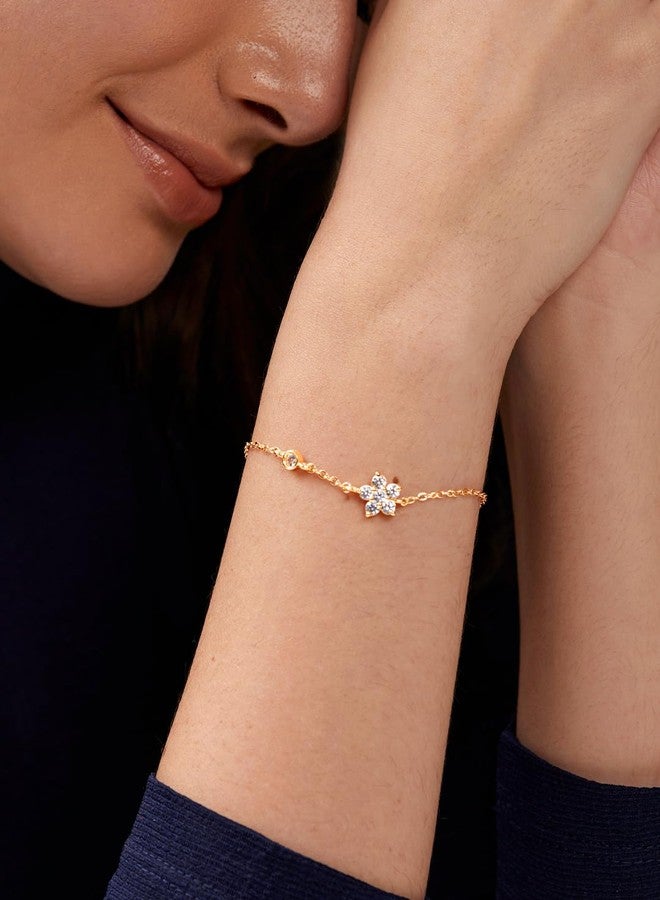 MINUTIAE Adjustable Stylish Flower Cut Cubic Zirconia Diamond Chain Bracelet for Women & Girls (Gold) - Image 2