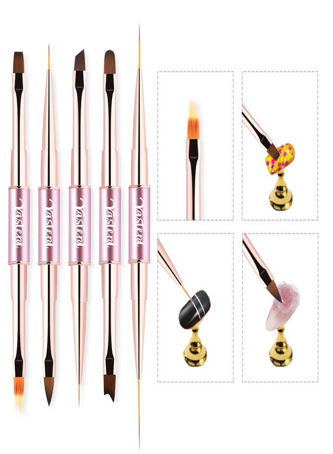 Yasterd Nail Art Brushes Set Double-Ended Nail Art Tools with Nail Extension Gel Brush, Builder Gel Brush, Nail Art Liner Brush and 3D Nail Art Decorations Brush for Salon at Home DIY Manicure Set of 5Pcs - Image 5