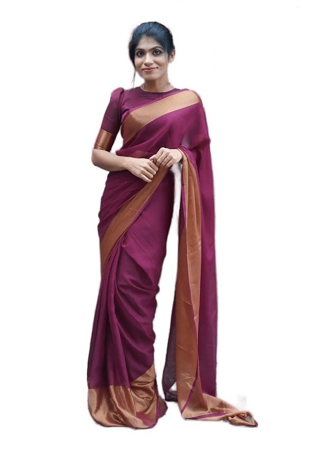 Sidhidata Women's Chiffon Ready To Wear one Minute Saree With Unstitched Blouse Piece (Chiffon Patta Wine_Wine_Free Size) - Image 1