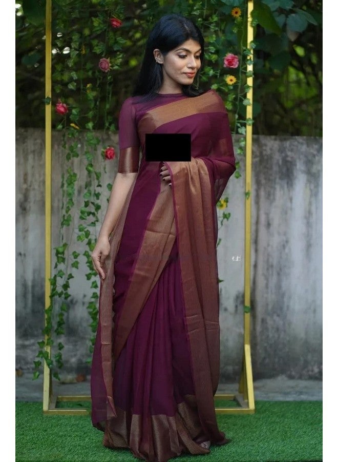 Sidhidata Women's Chiffon Ready To Wear one Minute Saree With Unstitched Blouse Piece (Chiffon Patta Wine_Wine_Free Size) - Image 2