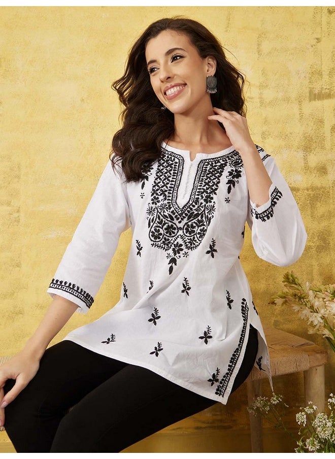 ADA - Ada Hand Embroidery Lucknowi Chikankari Pure Cotton Short Kurti Top for Women A411139 White (M) - Image 1