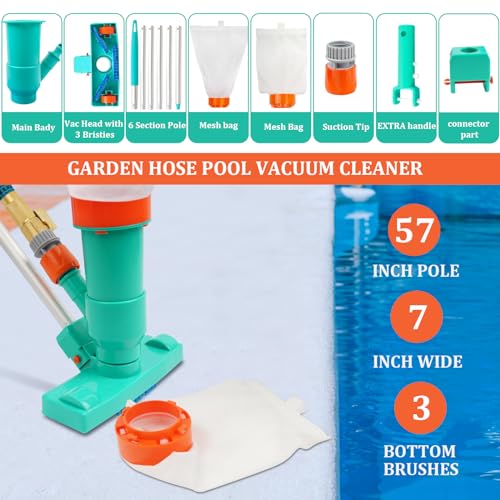 POOLWHALE Premium Pool Vacuum Jet Underwater Cleaner, 3 Scrub Brushes, 2 Fine Mesh Bags, 6 Section Telescopic Pole of 56.5" and Handle - for Above Ground Pools,Spas & Ponds - Image 2