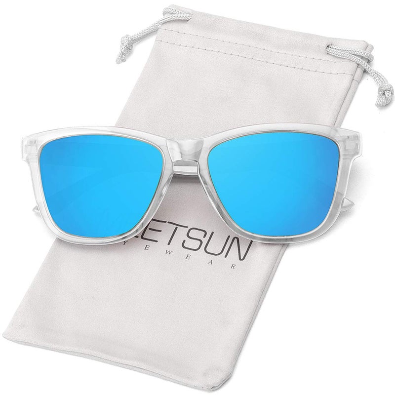 MEETSUN Polarized Sunglasses for Women Men Classic Retro Designer Style (Clear Frame/BLue Mirrored Lens, 54) - Image 1