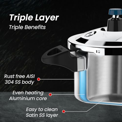 Ultra Triply Krono Pressure Cooker 3 Litre | Whistle Counter | Spillage Control | AISI 304 Food Grade Stainless Steel Cooker | 5 Years Warranty | 1.2 MM Lid Thickness | Induction Compatible - Image 5