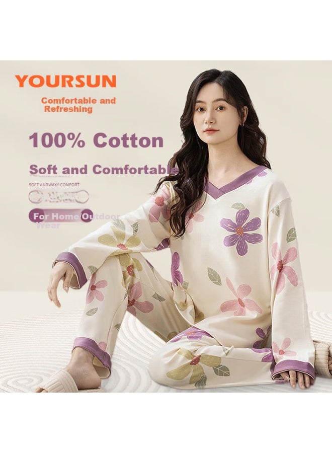 Your Sun Comfortable And Refreshing 100% Cotton Women's Pajamas Summer V-neck Long Sleeve Loose Fit Home Wear Set - Image 1
