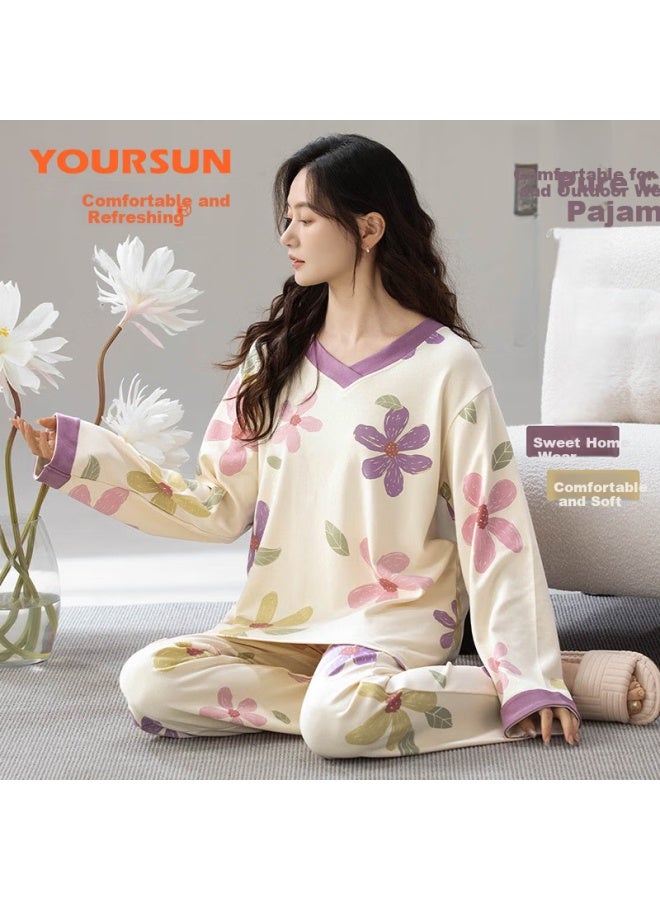 Your Sun Comfortable And Refreshing 100% Cotton Women's Pajamas Summer V-neck Long Sleeve Loose Fit Home Wear Set - Image 2