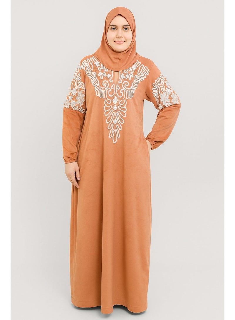 Women's Velvet Embroidered Abaya Full Length Modest Maxi Dress with Elegant White Floral Embroidery Long Sleeves Soft Winter Fabric Relaxed Fit Traditional Kaftan Prayer Dress Home Wear Special Occasion Outfit Up to 100 KG Orange - Image 2