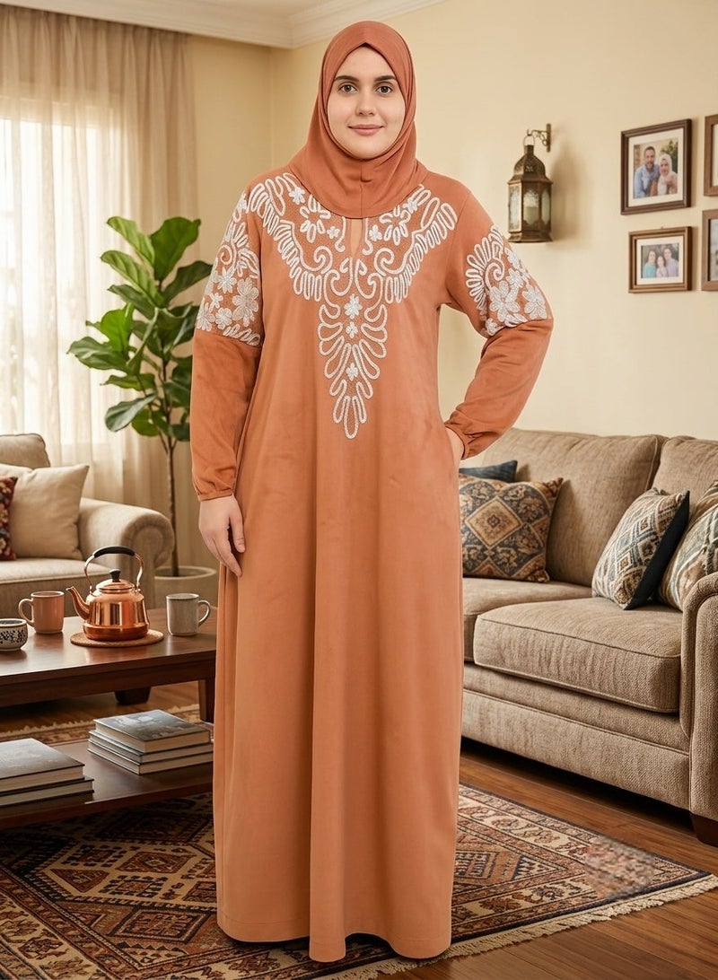 Women's Velvet Embroidered Abaya Full Length Modest Maxi Dress with Elegant White Floral Embroidery Long Sleeves Soft Winter Fabric Relaxed Fit Traditional Kaftan Prayer Dress Home Wear Special Occasion Outfit Up to 100 KG Orange - Image 1