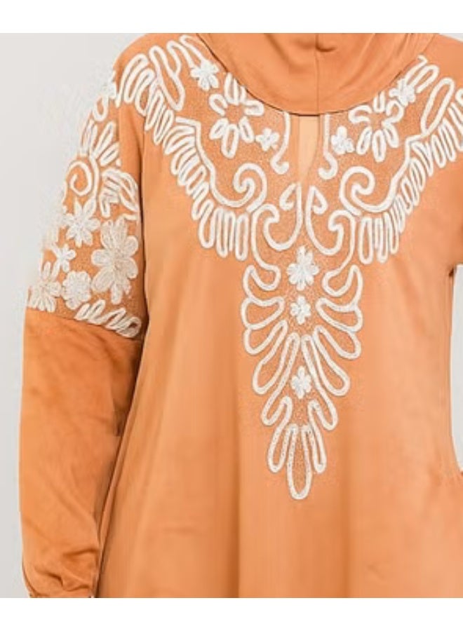 Women's Velvet Embroidered Abaya Full Length Modest Maxi Dress with Elegant White Floral Embroidery Long Sleeves Soft Winter Fabric Relaxed Fit Traditional Kaftan Prayer Dress Home Wear Special Occasion Outfit Up to 100 KG Orange - Image 3