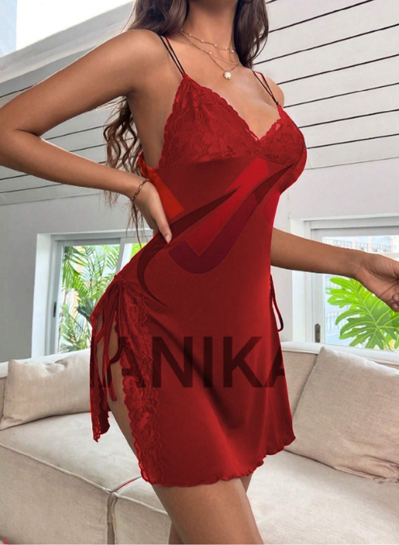 Women's Short Lingerie Set with Side Openings Sleeveless and Open Bust Decorated with a Bow.  - Image 4