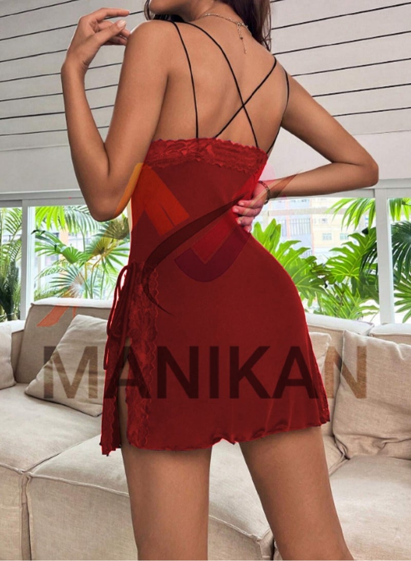 Women's Short Lingerie Set with Side Openings Sleeveless and Open Bust Decorated with a Bow.  - Image 2