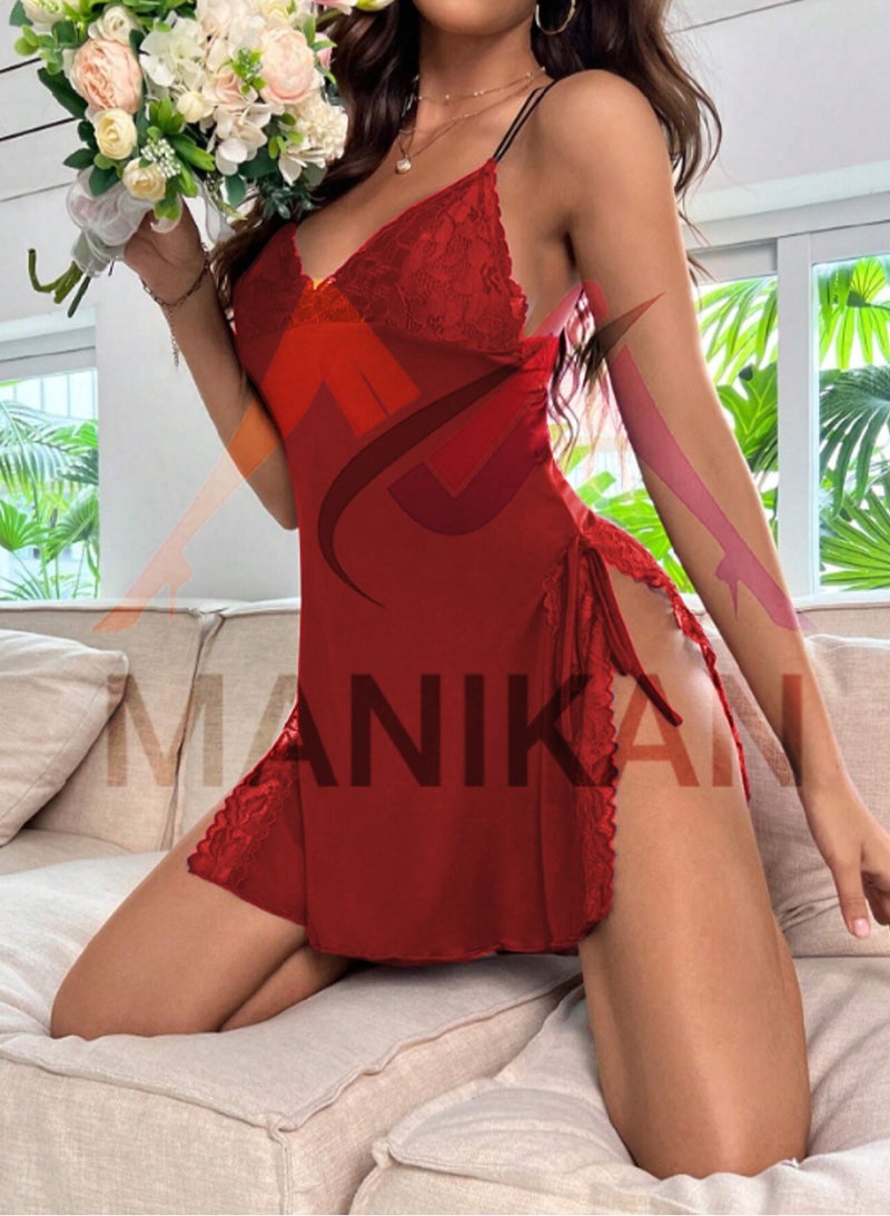 Women's Short Lingerie Set with Side Openings Sleeveless and Open Bust Decorated with a Bow.  - Image 3