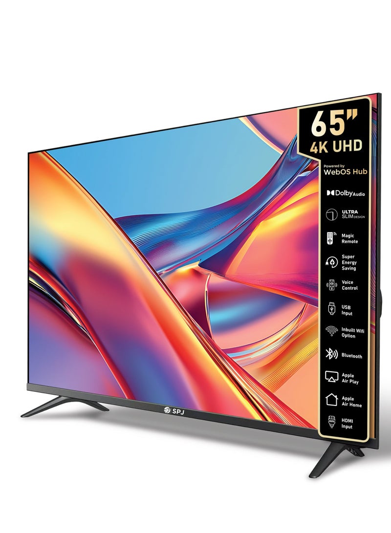 اس بي جي تلفزيون SPJ الذكي بتقنية 4K Ultra HD مقاس 65 بوصة بتقنية WebOS LED مع حوامل جدارية، صوت دولبي، جهاز تحكم عن بعد سحري، Apple AirPlay، واي فاي، منافذ HDMI وUSB، نتفليكس، يوتيوب، تويتش، أسود - Image 1