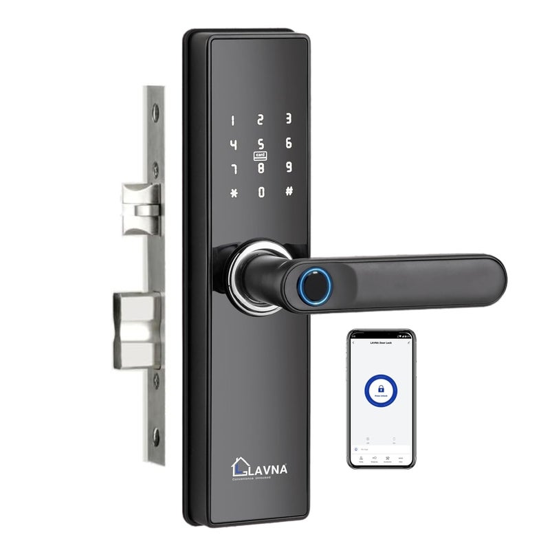 LAVNA قفل باب ذكي رقمي | 6 طرق لفتح القفل | بصمة إصبع، تطبيق موبايل، OTP، رقم سري، بطاقة RFID ومفتاح يدوي للوحات الخشبية (LA16، بلوتوث) - Image 1