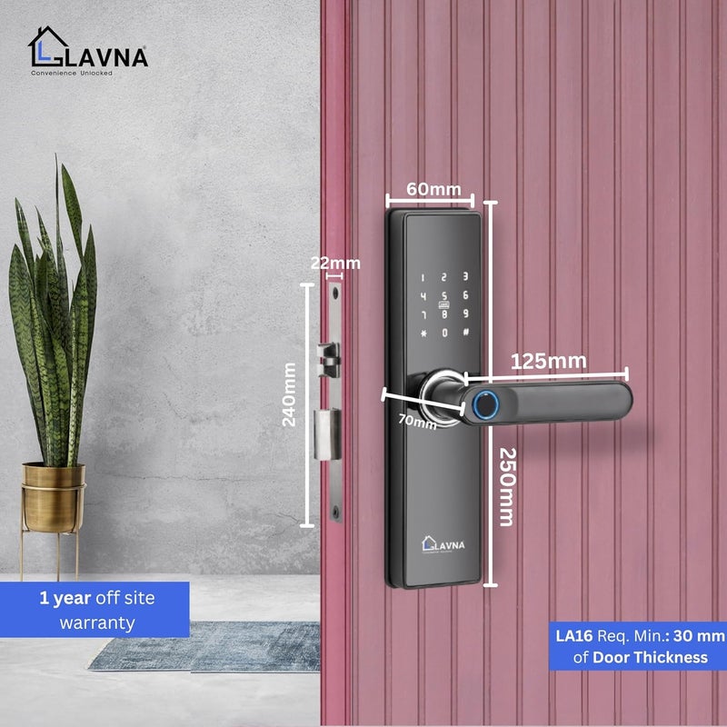 LAVNA قفل باب ذكي رقمي | 6 طرق لفتح القفل | بصمة إصبع، تطبيق موبايل، OTP، رقم سري، بطاقة RFID ومفتاح يدوي للوحات الخشبية (LA16، بلوتوث) - Image 4