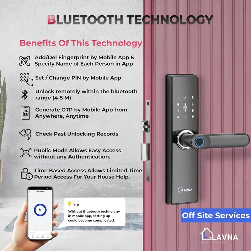 LAVNA قفل باب ذكي رقمي | 6 طرق لفتح القفل | بصمة إصبع، تطبيق موبايل، OTP، رقم سري، بطاقة RFID ومفتاح يدوي للوحات الخشبية (LA16، بلوتوث) - Image 2