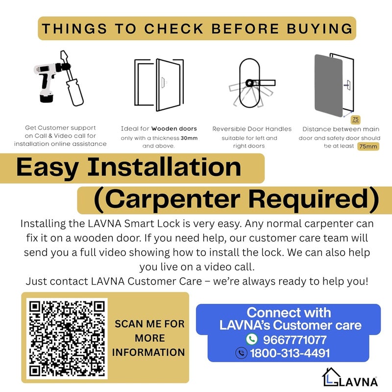 LAVNA قفل باب ذكي رقمي | 6 طرق لفتح القفل | بصمة إصبع، تطبيق موبايل، OTP، رقم سري، بطاقة RFID ومفتاح يدوي للوحات الخشبية (LA16، بلوتوث) - Image 5