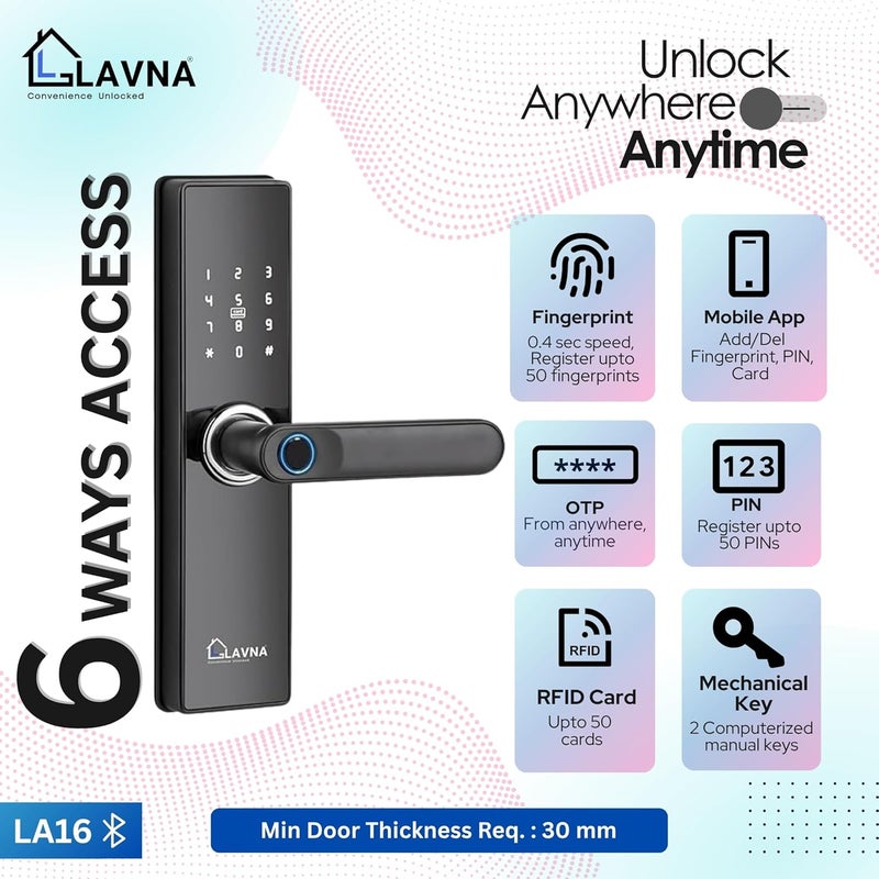 LAVNA قفل باب ذكي رقمي | 6 طرق لفتح القفل | بصمة إصبع، تطبيق موبايل، OTP، رقم سري، بطاقة RFID ومفتاح يدوي للوحات الخشبية (LA16، بلوتوث) - Image 3