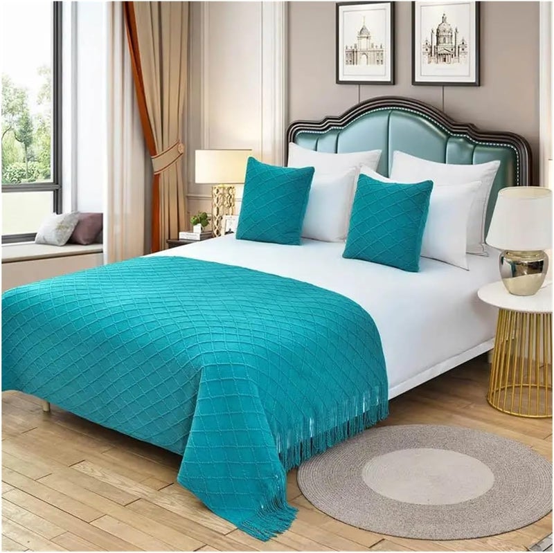 Bedspreads Solid Color Tassel Bed Runners Scarves Bed Throws for Foot of Bed Queen King Size Home Decoration(Lake Blue,Large Size 130x230cm)