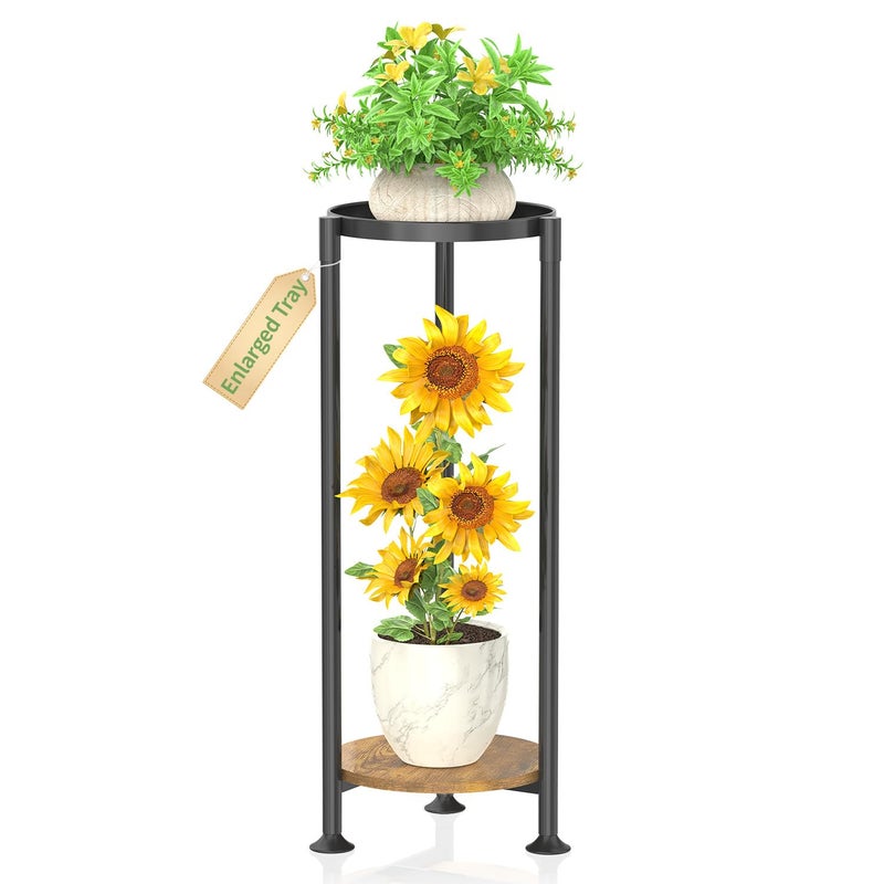 KMOTASUO 2 Tier Black Plant Stand Indoor for Large Tall Heavy Duty Planter, Multiple Sturdy Metal Flower Corner Rack for Narrow House Floor, Iron Vertical Level Round Orchi Holder Organizer, Modern - Image 1