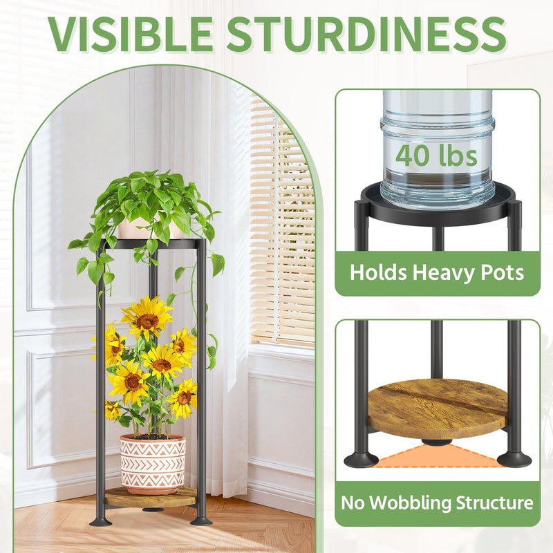 KMOTASUO 2 Tier Black Plant Stand Indoor for Large Tall Heavy Duty Planter, Multiple Sturdy Metal Flower Corner Rack for Narrow House Floor, Iron Vertical Level Round Orchi Holder Organizer, Modern - Image 3
