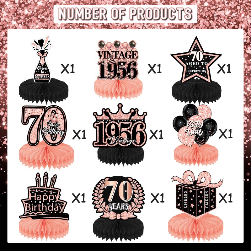 Refavor 70th Birthday Decorations for Women - 9pcs Rose Gold 70 Years 1956 Birthday Party Decorations Pink Honeycomb Centerpieces Table Toppers Decor Supplies - Image 2