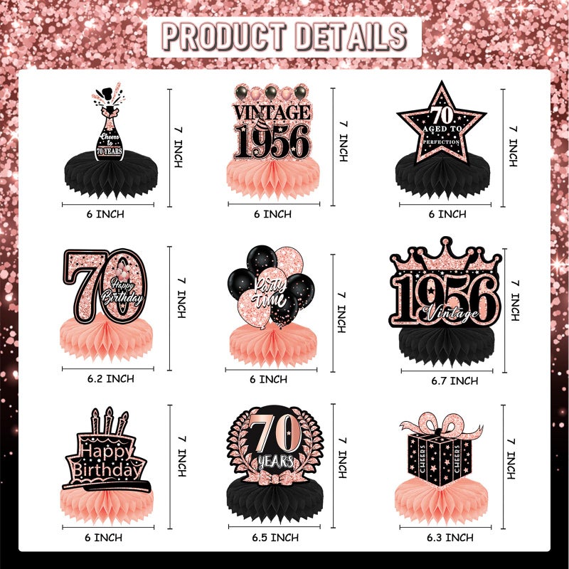 Refavor 70th Birthday Decorations for Women - 9pcs Rose Gold 70 Years 1956 Birthday Party Decorations Pink Honeycomb Centerpieces Table Toppers Decor Supplies - Image 3