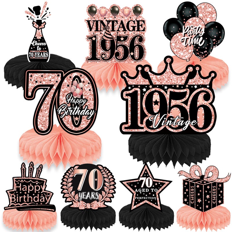 Refavor 70th Birthday Decorations for Women - 9pcs Rose Gold 70 Years 1956 Birthday Party Decorations Pink Honeycomb Centerpieces Table Toppers Decor Supplies - Image 1