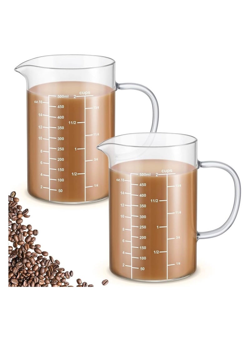 Glass Measuring Cup with Insulate Handle, 2 Pack 500 ML V Shaped Spout High Borosilicate Glass Measuring Cup Three Scales OZ Cup ML for Kitchen Restaurant Home Easy to Read  - Image 1