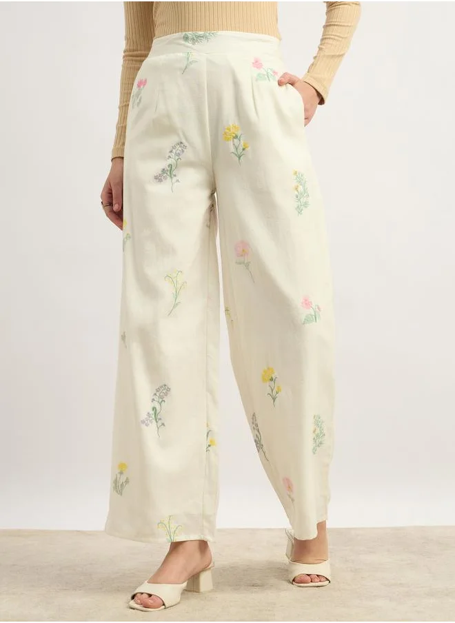ستايلي Styli Floral Embroidered Wide Leg Pants with Side Zip Closure