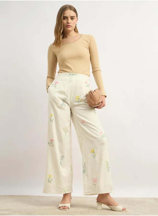 ستايلي Styli Floral Embroidered Wide Leg Pants with Side Zip Closure