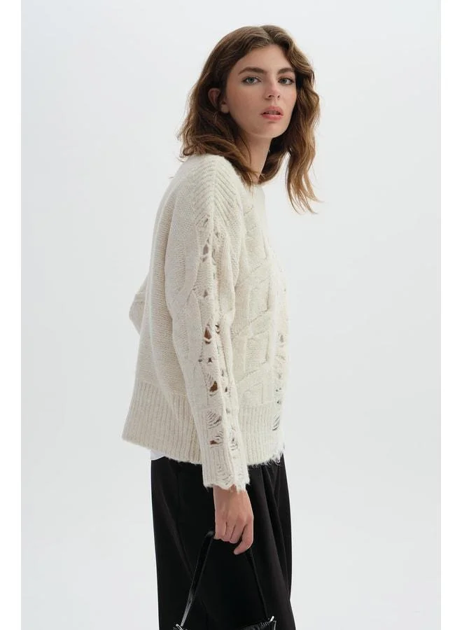Sherin Ecru Perforated Knit Sweater.