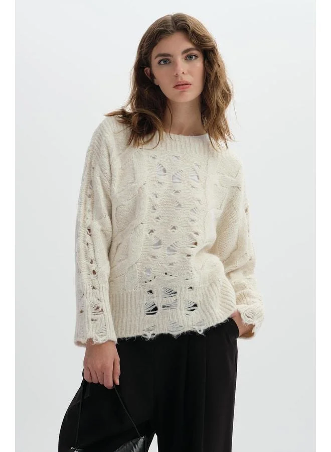 Sherin Ecru Perforated Knit Sweater.