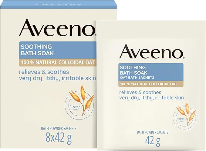 Aveeno Soothing Bath Soak with 100 Natural Colloidal Oat Suitable for Sensitive Skin Relieves Soothes Very Dry Itchy Irritable Skin 8x42g Powder Sachets - Image 1