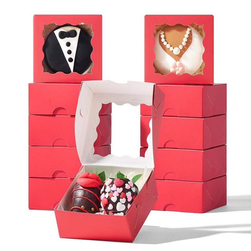 SLShePack 3.2x3.2x1.5 Inches 50PCS Mini Bakery Boxes with Window for Cookies, Soap, Chocolate Truffle, Donut, Macaron(Red) - Image 1