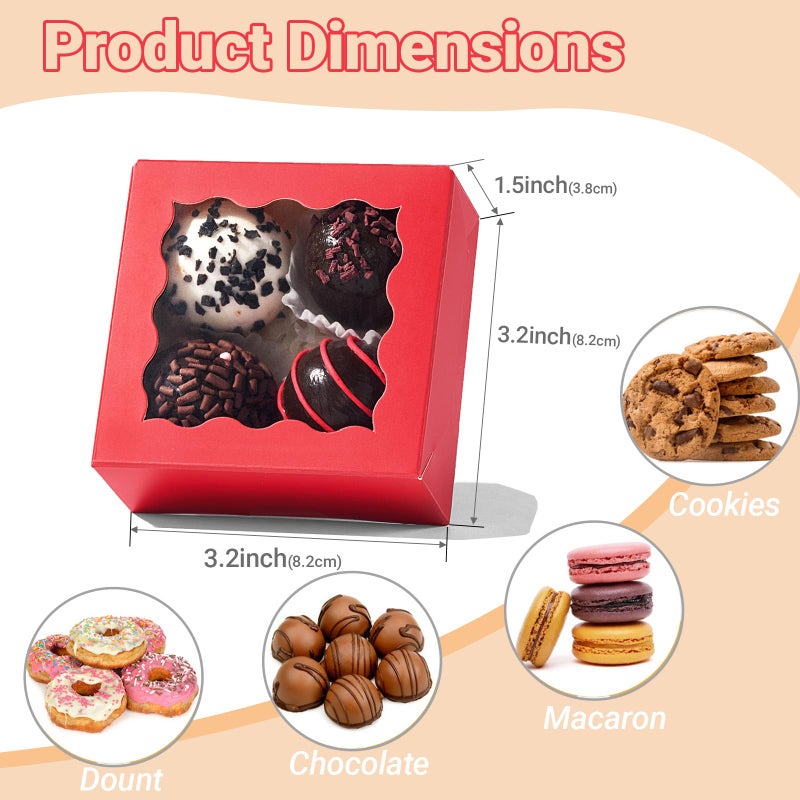 SLShePack 3.2x3.2x1.5 Inches 50PCS Mini Bakery Boxes with Window for Cookies, Soap, Chocolate Truffle, Donut, Macaron(Red) - Image 3