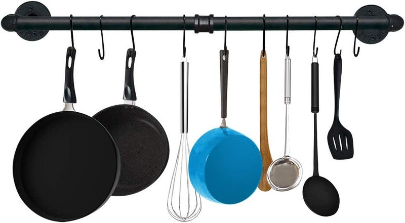 TLBTEK Industrial Pipe Clothes Rack,Black Iron Bathroom Kitchen Towel Bar,Vintage Farmhouse DIY Wall Mounted Pot Bar Rack, Detachable Kitchen Utensils Hanger (31.5 Inch) - Image 1