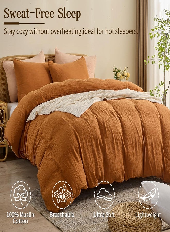 MEISHANG Muslin Duvet Cover Queen Size - 100% Organic Cotton, Soft Textured Gauze Weave Comforter Cover for Breathable All-Season with Zipper Closure - 3 Piece Set (Queen, Brown) - Image 2
