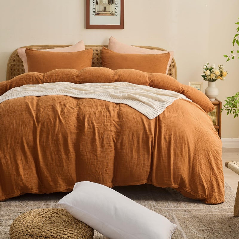 MEISHANG Muslin Duvet Cover Queen Size - 100% Organic Cotton, Soft Textured Gauze Weave Comforter Cover for Breathable All-Season with Zipper Closure - 3 Piece Set (Queen, Brown) - Image 1
