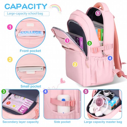 PRAGARI Aesthetic Backpack for School Cute Laptop Pink Backpack Teens Girls Travel Casaul Daypack Lightweight Book Bags - Image 3