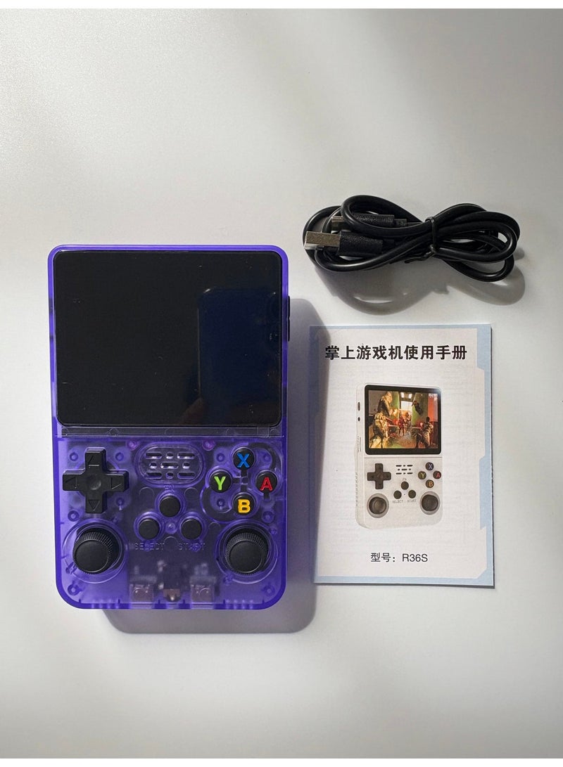 جهاز ألعاب محمول R36S بنمط كلاسيكي (Retro) - سعة 64 جيجابايت، لون بنفسجي - جهاز محاكاة ألعاب فيديو محمول بشاشة IPS مقاس 3.5 بوصة، وعصي تحكم مزدوجة، وأكثر من 15,000 لعبة كلاسيكية مدمجة. - Image 3