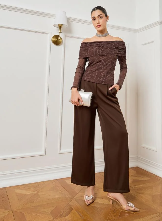 Styli Women Brown Off Shoulder Neck Sequin Top