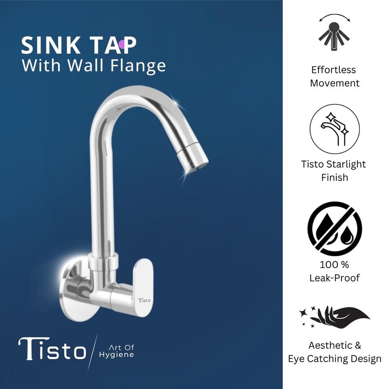 Tisto Tisto Sink Tap Faucet for Kitchen Home Flexible 360 Rotating Spout Chrome Finish Full Brass Construction Wall Mounted for Sinks 7 Year Warranty Pack of 1  - Image 2
