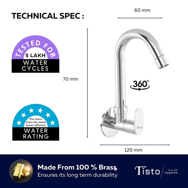 Tisto Tisto Sink Tap Faucet for Kitchen Home Flexible 360 Rotating Spout Chrome Finish Full Brass Construction Wall Mounted for Sinks 7 Year Warranty Pack of 1  - Image 4