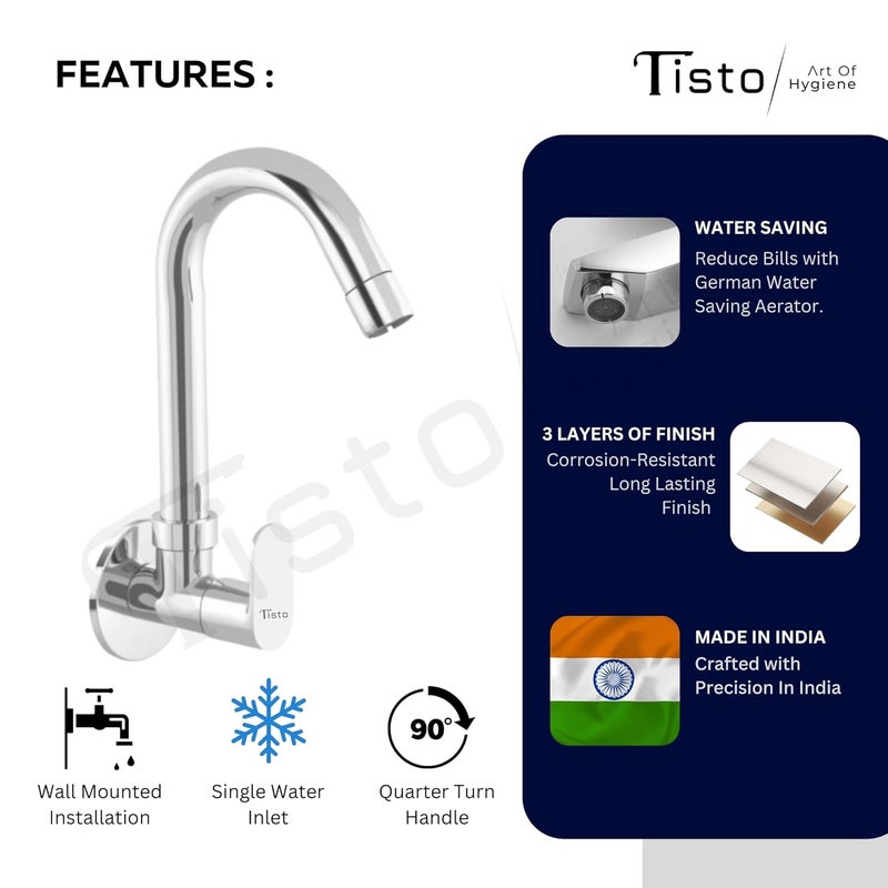 Tisto Tisto Sink Tap Faucet for Kitchen Home Flexible 360 Rotating Spout Chrome Finish Full Brass Construction Wall Mounted for Sinks 7 Year Warranty Pack of 1  - Image 3