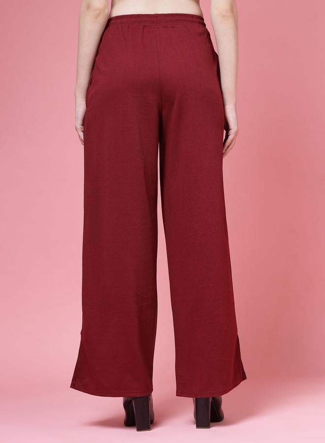 PAUSE PAUSE Women Maroon Solid Drawstring Waist Wide Leg Pants - Image 4