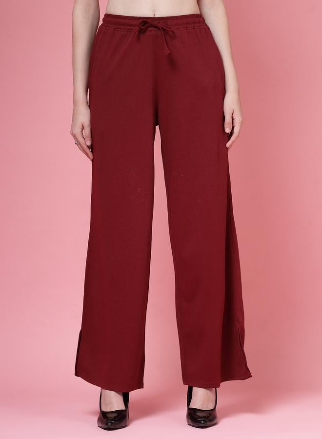 PAUSE PAUSE Women Maroon Solid Drawstring Waist Wide Leg Pants - Image 1
