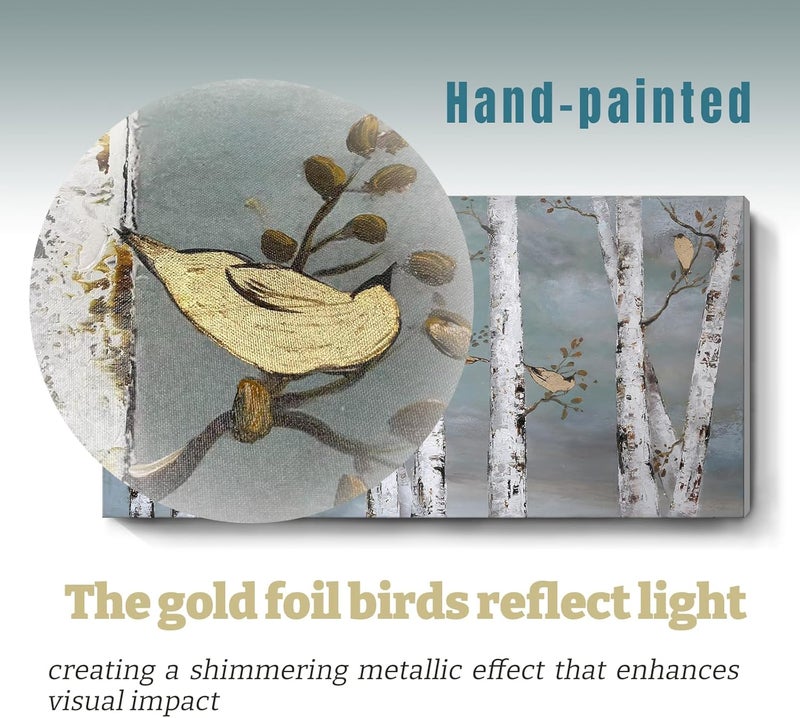 amatop Teal Wall Art 100% Hand-Painted Landscape Forest Oil Painting on Canvas Original Framed Artwork Gold Bird Birch Tree Artwork White Birch at Night for Living Room Bedroom Office Decor 32x16inch - Image 4