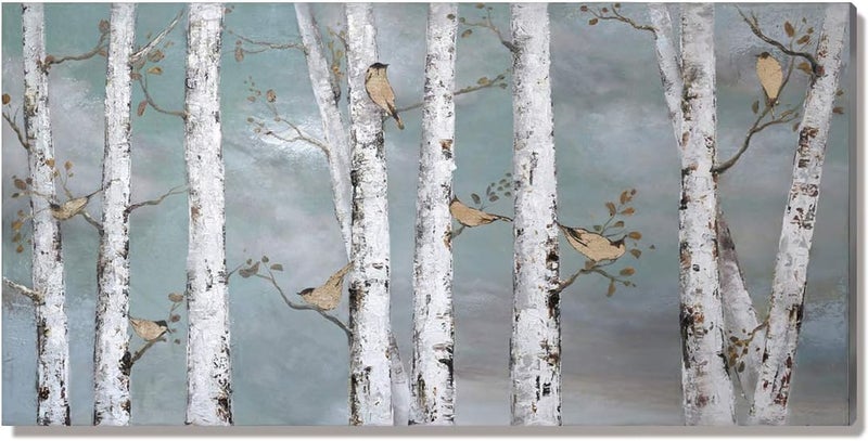 amatop Teal Wall Art 100% Hand-Painted Landscape Forest Oil Painting on Canvas Original Framed Artwork Gold Bird Birch Tree Artwork White Birch at Night for Living Room Bedroom Office Decor 32x16inch - Image 2