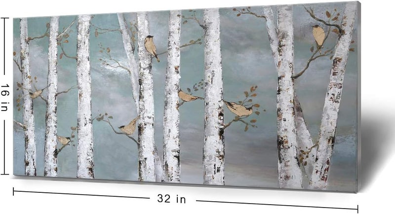 amatop Teal Wall Art 100% Hand-Painted Landscape Forest Oil Painting on Canvas Original Framed Artwork Gold Bird Birch Tree Artwork White Birch at Night for Living Room Bedroom Office Decor 32x16inch - Image 3